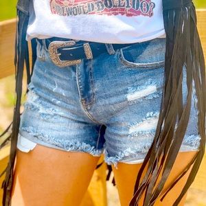 High Rise Distressed Denim Shorts